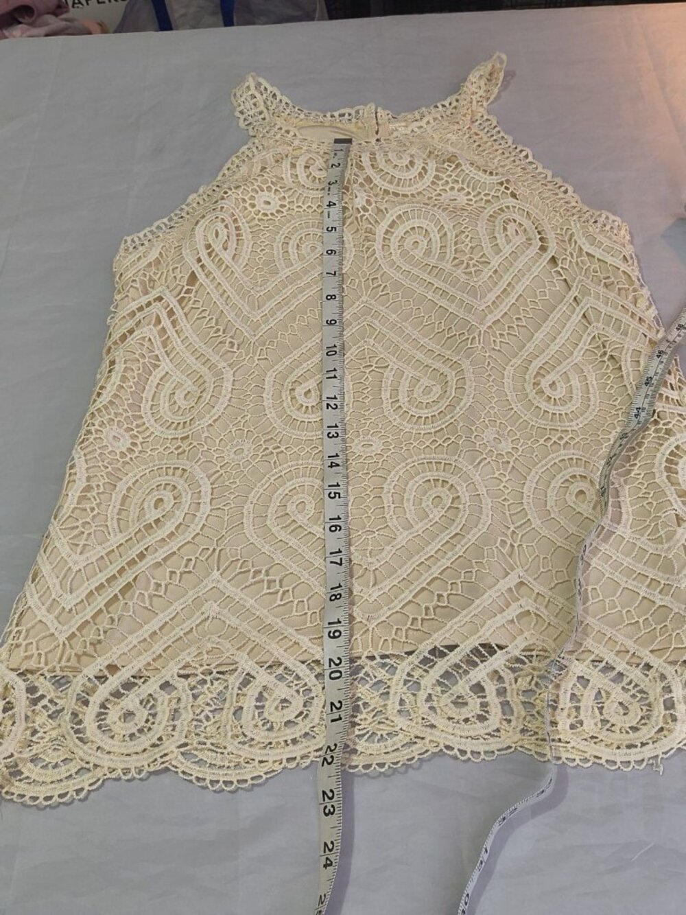 Adiva Beige Halter Top Tank Crochet Lace Lined Interior Size Medium Keyhole Back - Picture 10 of 11